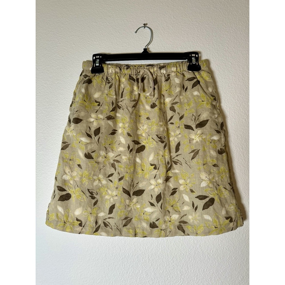 Ann Taylor Tan Yellow Brown Floral Linen Drawstring Pocket Skirt Sz 4